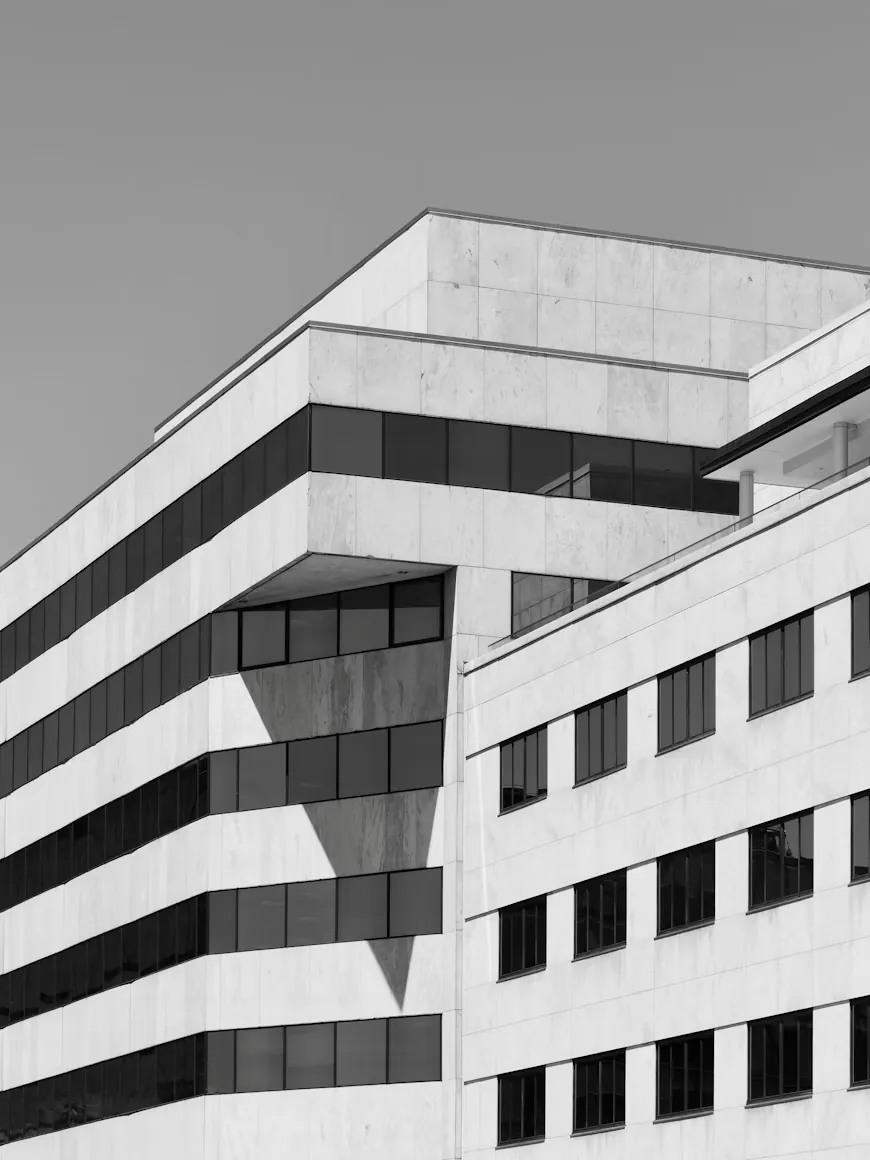 Modern corporate architecture with strong lines and shadows